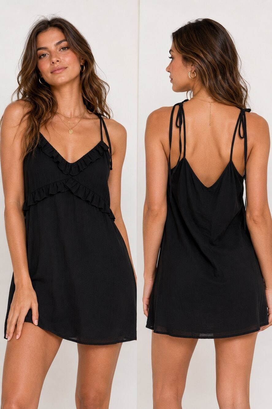 Wild Honey Exclusive Black Ruffle Mini Dress Tie Strap V-Neck Lined Sz Large NWT